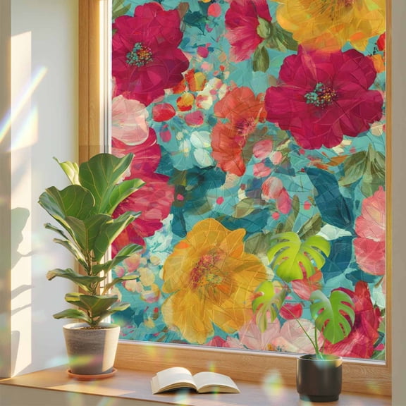 Colored Floral Window Privacy Film, Oil Painting Country Red Yellow Floral Stained Glass Rainbow Film Decorative Window Clings, Static Cling Sun Blocking Stickers 17.7" x 39.3"