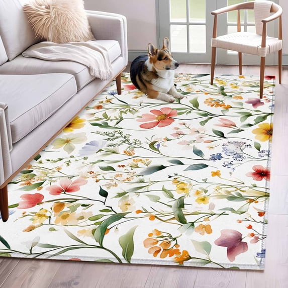 Colored Flower Area Rug 3x5 Washable Rug Non Slip Green Leaf Aesthetics Pastel Spring Plant Large Area Rug Indoor Floor Carpet for Entryway Bedroom Kitchen Living Room Home Office Dining Room Nursery