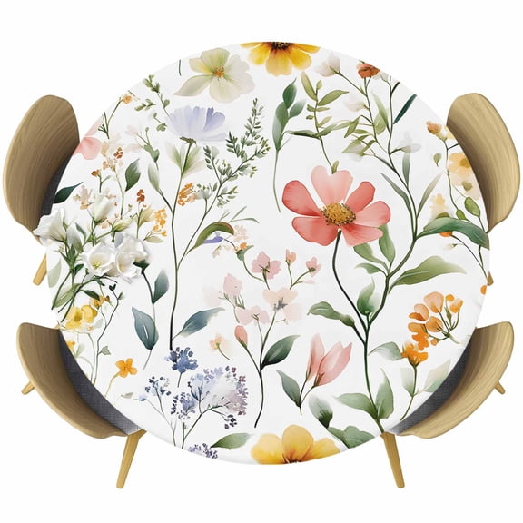 Colored Flower Round Tablecloth 36-44 Inch Round Fitted Table Cloth with Elastic Edge, Green Leaf Aesthetics Pastel Spring Plant Waterproof Table Cover Protector for Outdoor Picnic Party Dining