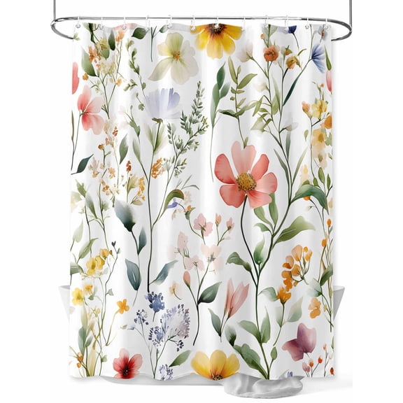 Colored Flower Shower Curtain Set, Waterproof Shower Curtains for Bathroom, Green Leaf Aesthetics Pastel Spring Plant Washable Fabric Cloth Bath Curtain for Bathtub Decoration with Hooks 48x72 Inches