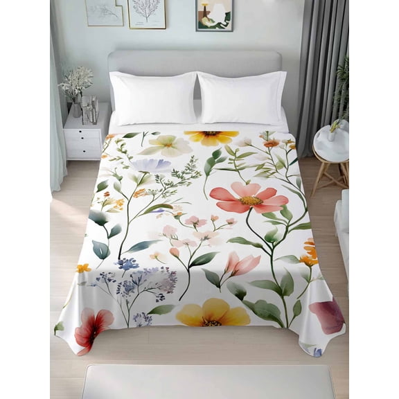 Colored Flower Twim Size Flat Sheet, Wrinkleproof & Fadeproof Cooling Flat Bed Sheet Only, Green Leaf Aesthetics Pastel Spring Plant Breathable Soft Bedding Top Sheets 66 x 96 Inches