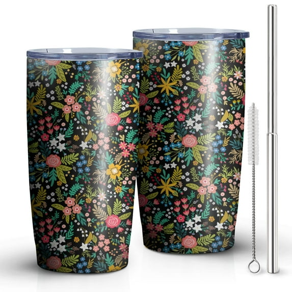 Colored Flowers Black 20oz Tumbler Stainless Steel Double Wall Vacuum Insulated Coffee Mug Travel Cups for Wife Mom Daughter Sister Friend Coworker, Metal Straws and Brush