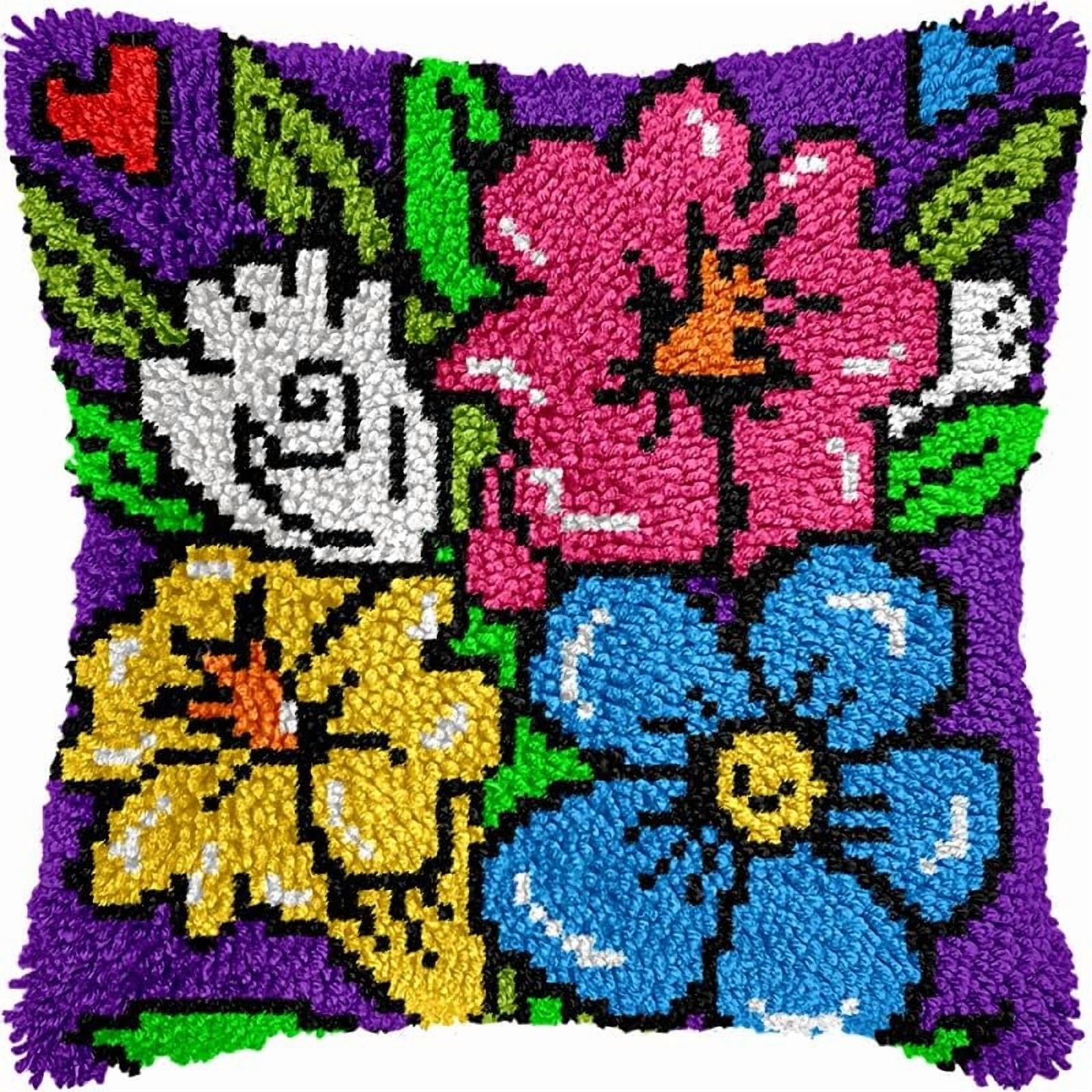 Colored Flowers Latch Hook Pillows Kits Cushion Pillow Cover with Pattern Printed Canvas Sofa Hooking Pillowcase Crafts Embroidery Latch Hooking Crochet Kits Set 17x17 inch(1)