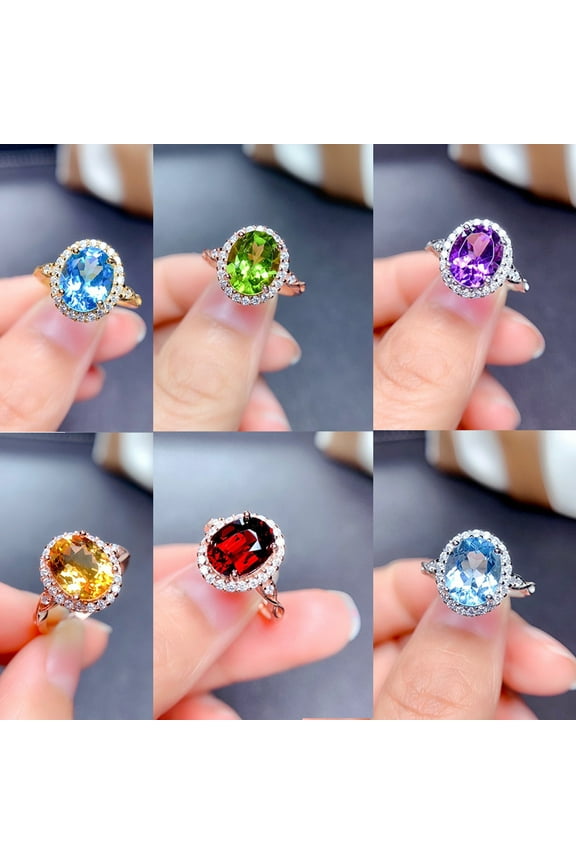 Colored Gem Jewelry Imitation Natural Topaz Amethyst Citrine Peridot Red Pomegranate Ring