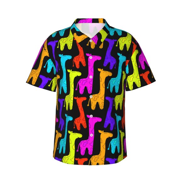 Colored Giraffes Men's 3d Print Casual Button Down Shirts, Novelty Hawaiian Short Sleeves 3xl