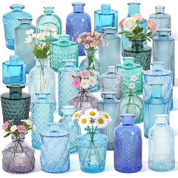 Colored Glass Bud Vases - Small Textured Flower Vases for Centerpieces, Wedding Table Decor, Retro Home Decor Bulk Vase Set for DIY, Events & Gifts