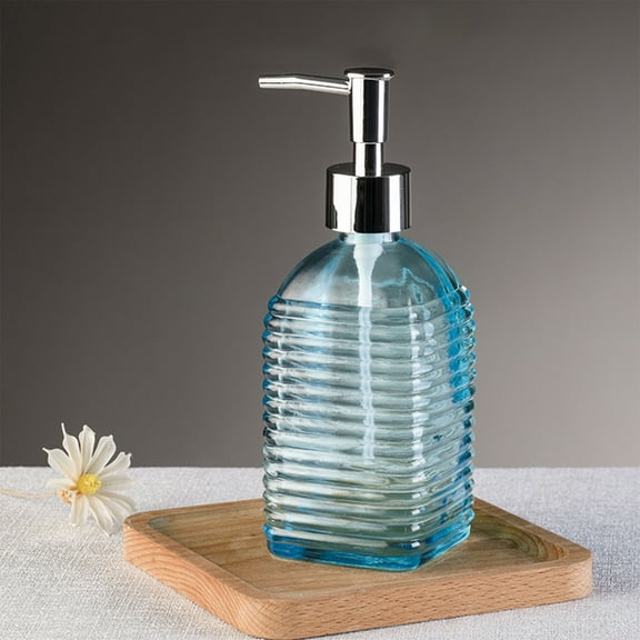 Colored Glass Soap Dispenser Bottle with Horizontal Stripe Texture, 350ml Refillable Pump for Shampoo, Shower , Hand Soap, Bathroom or Kitchen Organizer