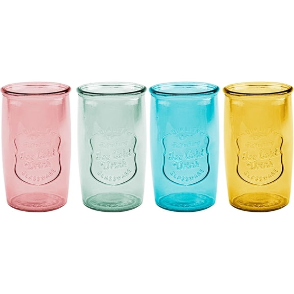 Colored Glassware, Ice Cold Drinking Glasses Set of 4  20 Oz Vintage Glass Cups for Kitchen, Dining Table  MultiColors Glass Tumblers. Hand Wash.