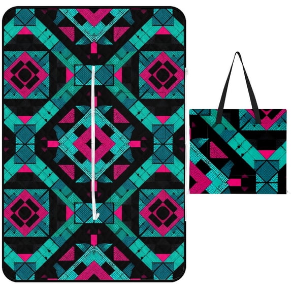 Colored Grid Geometry Picnic Blanket Waterproof Outdoor Beach Blanket Hand-held Pad Suitable for Travel, Camping, Beach, Family Gatherings
