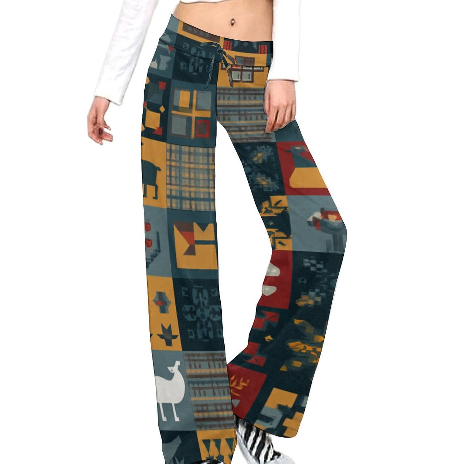 High Waist Bubble Grid Long Pants