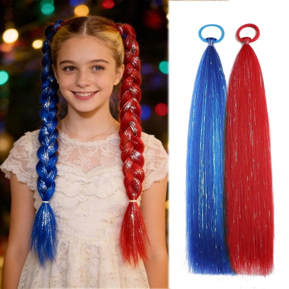 Colored Hair Extensions Red and Blue Ponytail Extension 2 Packs, 20 inch Crazy Hair Day Accessories for Women, DIY Festival Wacky Rave Braids,Tinsel Mixed
