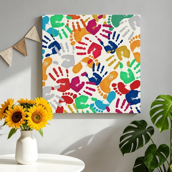 Colored Handprints Canvas Wall Art, Footprints Beige Background Abstract Framed Canvas Wall Decor Picture Print Artwork Decorations for Living Room Office Ready to Hang 8" x 8"