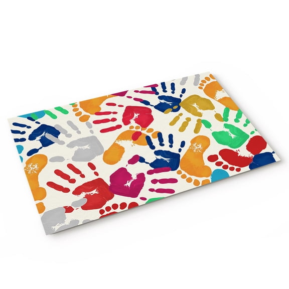Colored Handprints Door Mat Footprints Beige Background Abstract Non Slip Absorbent Entrance Mat Washable Low Profile Indoor Doormat for Front Door Entryway Entry 16"x24"