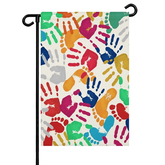 Colored Handprints Garden Flag 12x18 Inch Footprints Beige Background Abstract Double Sided Small Decorative Garden Flags for Outside, Outdoor Yard Porch Lawn Decoration