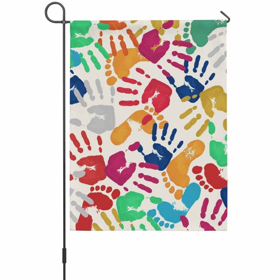 Colored Handprints Garden Flags For Outdoor, Footprints Beige Background Abstract Small Double Side Yard Flags Weather Proof Garden Decor for Lawn Outside Holiday 12 x 18 Inches