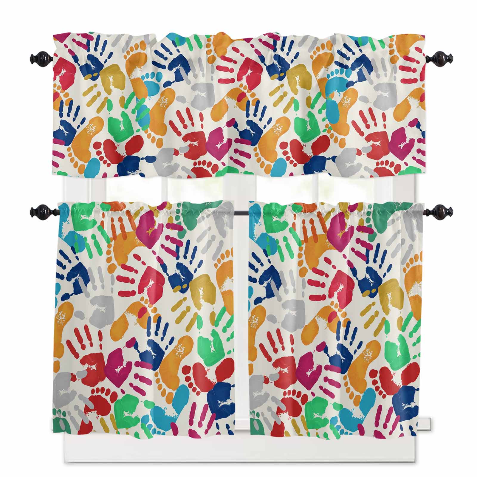 Colored Handprints Kitchen Curtains Valance and Tier Set Footprints ...
