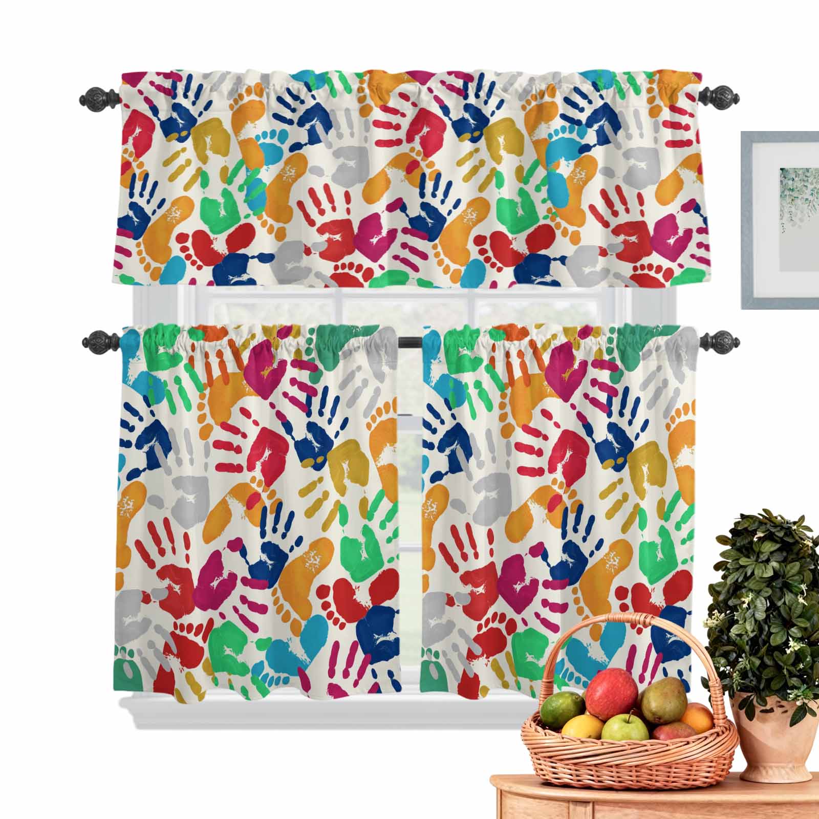 Colored Handprints Kitchen Curtains Valances 3 Piece Set, Footprints ...