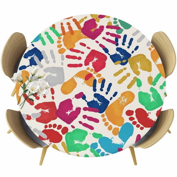 Colored Handprints Round Fitted Tablecloth with Elastic Edge, Footprints Beige Background Abstract Stretch Table Covers for 36"-44" Tables Wipeable Table Cloth for Outdoor