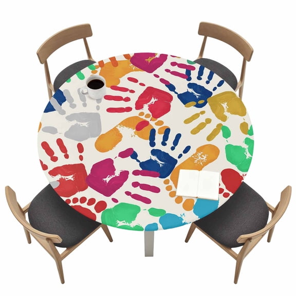 Colored Handprints Round Fitted Tablecloth with Elastic Edge Footprints Beige Background Abstract Table Cover Fit for 45"-54" Tables Waterproof Tablecloths for Dinner Camping Picnic