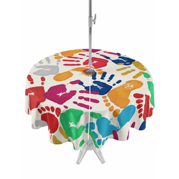 Colored Handprints Round Outdoor Tablecloth with Umbrella Hole Footprints Beige Background Abstract 54 Inch Round Waterproof Table Cover Zippered Table Cloth for Garden Patio