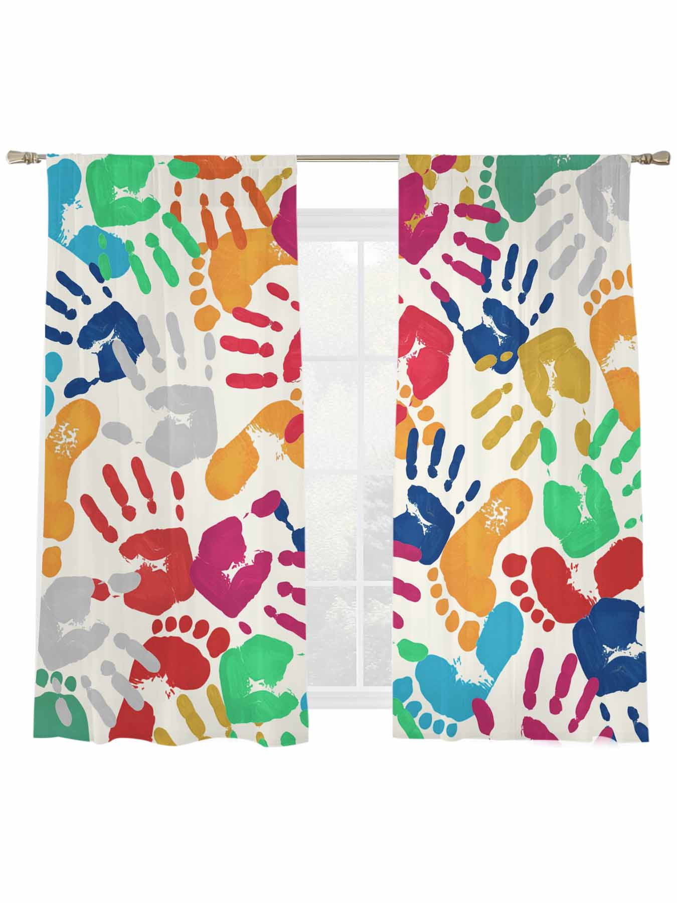 Colored Handprints Sheer Curtains 2 Panels Set Footprints Beige ...
