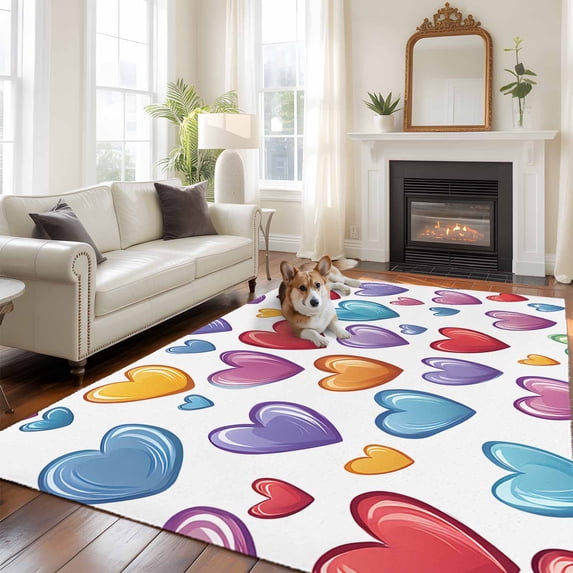 Colored Heart Area Rugs 5x7 ft Cute Rainbow Love Washable Rug Non Slip Indoor Carpet Absorbent Floor Mat for Living Room Bedroom Dining Room