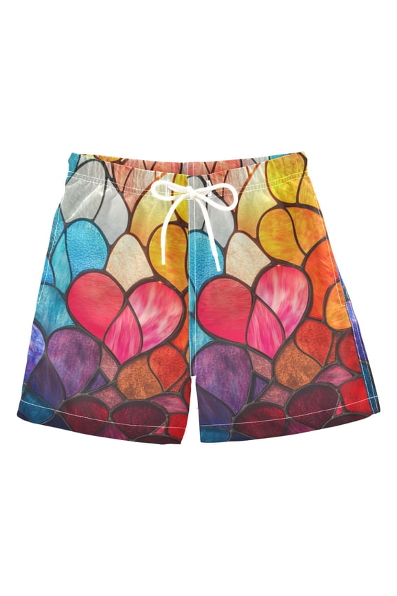 Colored Heart Glass Boys Swim Trunks Quick Dry Boy Swim Shorts for 3-14 Years