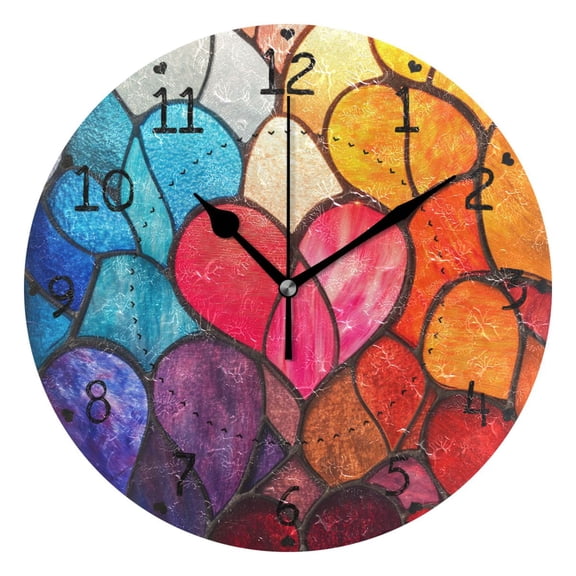Colored Heart Glass Round Wall Clock Silent Battery Operated Home Decor for Living Room Bedroom