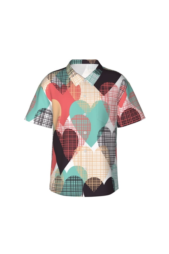 Colored Hearts Men's 3d Print Casual Button Down Shirts, Novelty Hawaiian Short Sleeves Xl