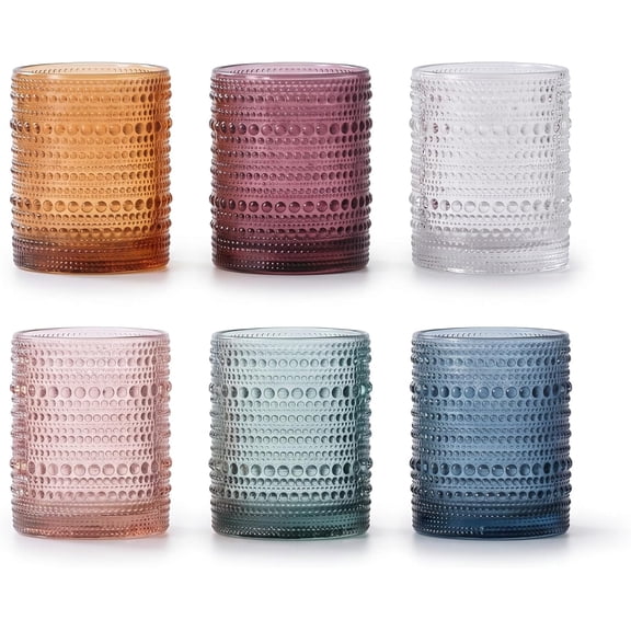 Colored Hobnail Drinking Glasses Set of 6, 10oz Vintage Kitchen Glassware, Embossed Beaded Glass Cups, Water Glasses, Beaded Colorful Water Tumbler for Cocktail, Juice and Various Mixed Drinks