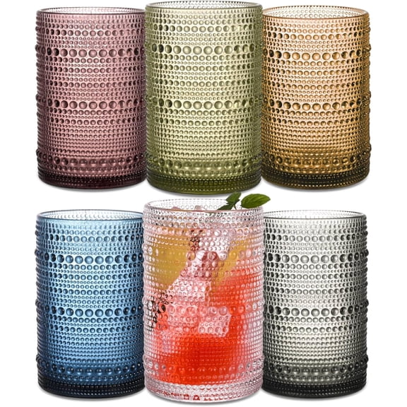 Colored Hobnail Drinking Glasses Set of 6,15 oz Vintage Highball Glasses,Drinkware Kitchen Glasses for Cocktail,Iced Coffee,Beer,Ice Tea,Wine,Whiskey,Water
