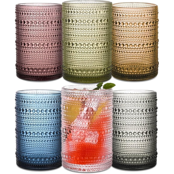 Colored Hobnail Drinking Glasses Set of 6,15 oz Vintage Highball Glasses,Drinkware Kitchen Glasses for Cocktail,Iced Coffee,Beer,Ice Tea,Wine,Whiskey,Water