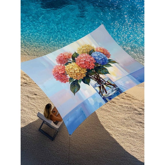 Colored Hydrangea Sun Shade Sail 6.5' x 10', Summer Soring Oil Painted Floral Vase Rectangle Outdoor Sunshade Canopy, Waterproof UV Block Patio Covers for Garden Yard Beach