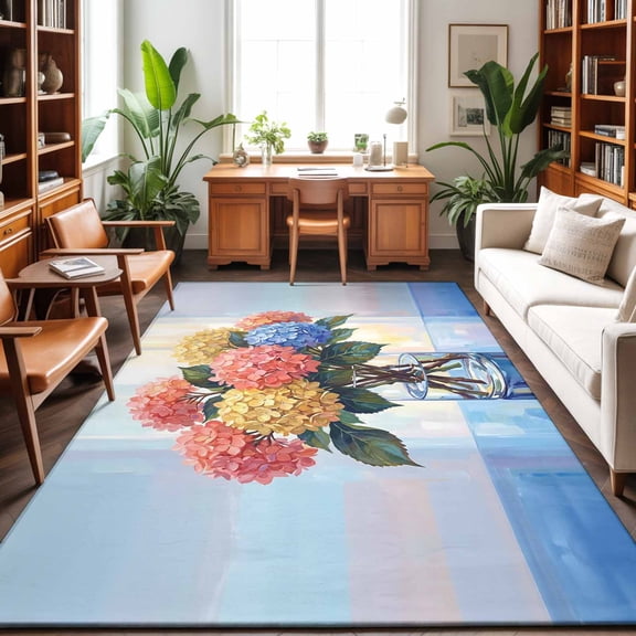 Colored Hydrangea Washable Area Rug 9 x 12 ft Summer Soring Oil Painted Floral Vase, Soft Non Slip Rugs Stain Repellent Indoor Felt Carpet for Living Dining Room Bedroom Home Office