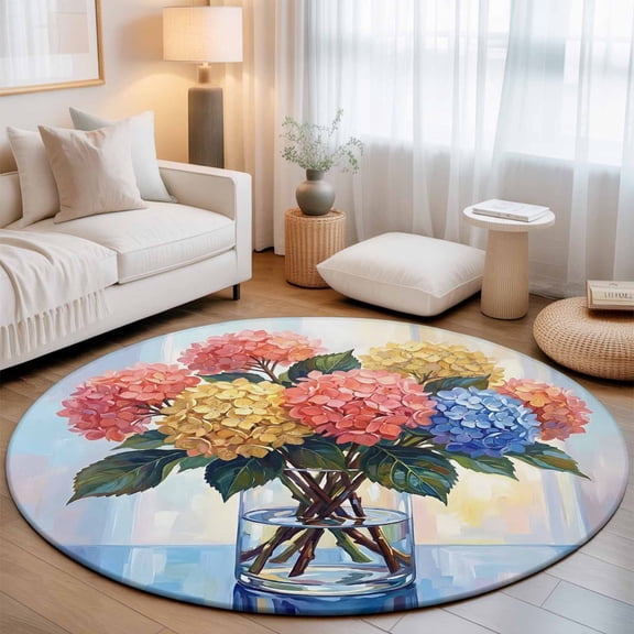 Colored Hydrangea Washable Round Area Rug 3 ft, Summer Soring Oil Painted Floral Vase, Soft Non Slip Rugs Stain Repellent Indoor Felt Carpet for Living Dining Room Bedroom Home Office