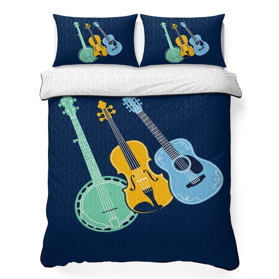 Colored Instruments 3 Piece Quilt Bedding Set with 2 Pillow Shams, Retro Green Yellow Blue Guitar Blue Lightweight Bedspread Coverlet, Soft Breathable All Season Quilt, 68 x 86 Inch