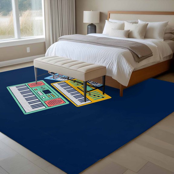 Colored Instruments 6x9 Rug for Dining Room Table and Chair Setup, Retro Green Yellow Blue Elements Blue Low Pile Washable Non Slip Rectangle Area Rug