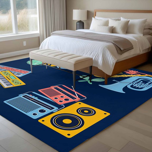 Colored Instruments 6x9 Rug for Dining Room Table and Chair Setup, Retro Yellow Blue Red Musical Instruments Blue Low Pile Washable Non Slip Rectangle Area Rug