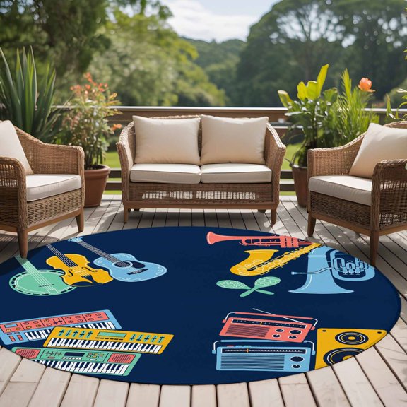 Colored Instruments 8ft Round Rug for Open Concept Living Room Seating Zone, Retro Yellow Blue Red Musical Instruments Blue Washable Non Slip Large Circle Area Rug