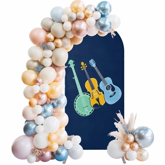 Colored Instruments Arch Backdrop Cover 4 FT Retro Green Yellow Blue Guitar Blue Stretchy Elastic Arch Stand Covers Spandex Arched Background Birthday Wedding Party Decoration (No Stand)