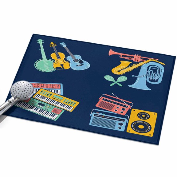 Colored Instruments Area Rug, Retro Yellow Blue Red Musical Instruments Blue Non-Slip Felt Rubber Backing Rectangle Indoor Carpet Washable Rugs for Living Room Bedroom 2x3ft