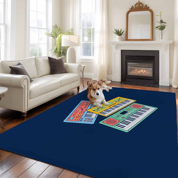 Colored Instruments Area Rugs 5x7 ft Retro Green Yellow Blue Elements Blue Washable Rug Non Slip Indoor Carpet Absorbent Floor Mat for Living Room Bedroom Dining Room