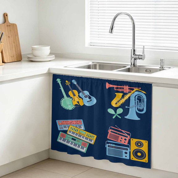 Colored Instruments Cabinet Curtains for Kitchen 10"W x 11"L, Retro Yellow Blue Red Musical Instruments Blue Under Sink Skirt Magic Tape Short Curtain Decorative Privacy Panel for Bathroom Laundry