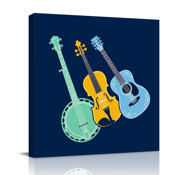 Colored Instruments Canvas Wall Art for Living Room, Retro Green Yellow Blue Guitar Blue Wall Decor Framed Artwork Pictures Ready to Hang for Bedroom Office Home Decor