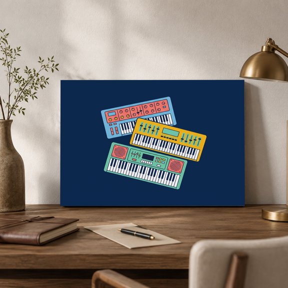 Colored Instruments Canvas Wall Art, Retro Green Yellow Blue Elements Blue Wall Art Prints Artwork Framed Canvas Ready to Hang Art Pictures for Bathroom Nightstand, Narrow Hallway 14" x 11"