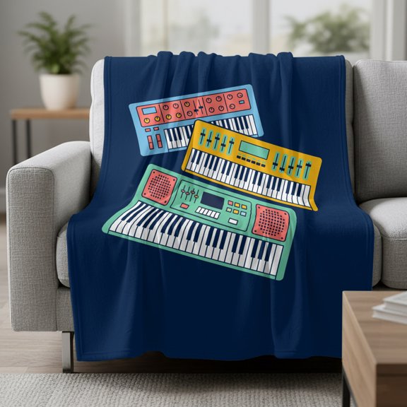 Colored Instruments Fleece Throw Blanket Retro Green Yellow Blue Elements Blue Ultra Soft Fuzzy Cozy Flannel Throw Blanket for Couch Sofa Bed Car Travel, Ideal Gifts 40x60 Inches
