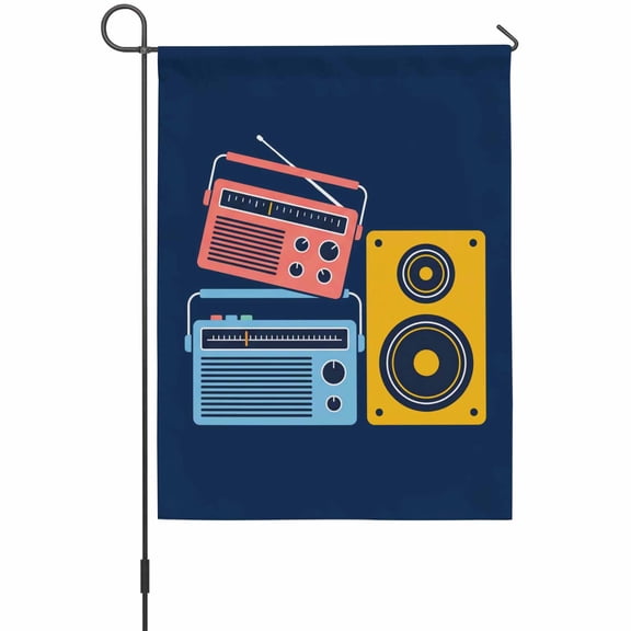 Colored Instruments Garden Flag 12 x 18 Inches, Retro Pink Yellow Blue Recording Machine Blue Weather Proof Outdoor Patio Flags Double Sided Small Garden Decoration for Yard Outside Home