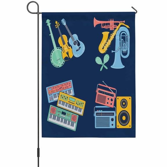 Colored Instruments Garden Flag 12 x 18 Inches, Retro Yellow Blue Red Musical Instruments Blue Weather Proof Outdoor Patio Flags Double Sided Small Garden Decoration for Yard Outside Home