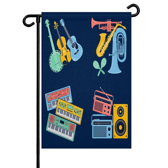 Colored Instruments Garden Flag 12x18 Inch Retro Yellow Blue Red Musical Instruments Blue Double Sided Small Decorative Garden Flags for Outside, Outdoor Yard Porch Lawn Decoration