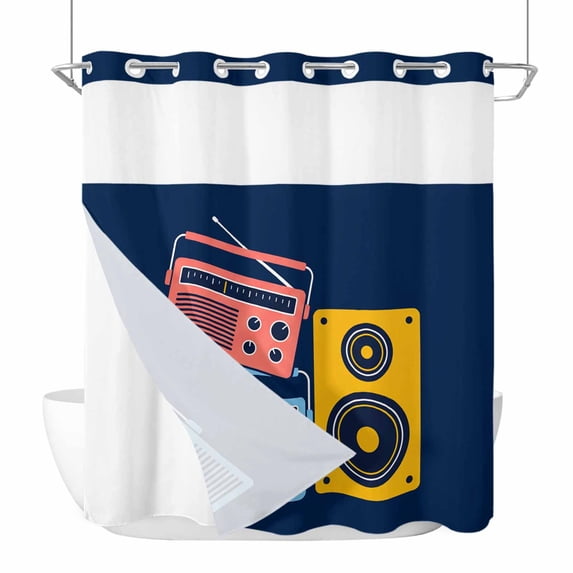 Colored Instruments No Hook Shower Curtain with Snap in Liner Retro Pink Yellow Blue Recording Machine Blue Waterproof Bathroom Shower Curtain with See Through Top Window for Bathtub 72" x 78"